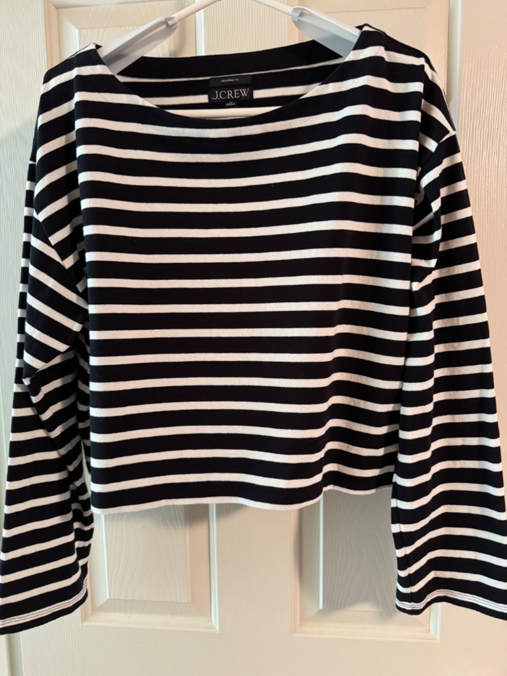 J Crew Black and White Cropped Boatneck Long Sleeve Shirt-XL-NWOT - Picture 2 of 6